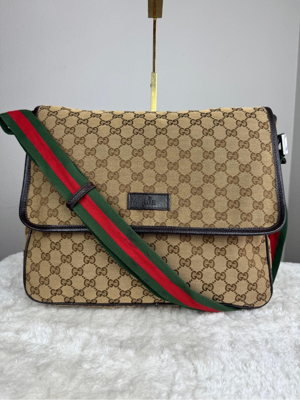 Gucci Beige GG Canvas Messenger Bag with Green-Red Web Strap